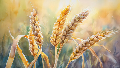 Wall Mural - A painting of a field of wheat with a bright orange sky in the background