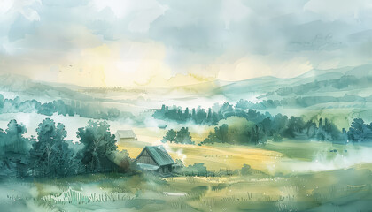 Wall Mural - A painting of a foggy countryside with a house and a barn
