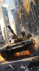 Canvas Print - A photorealistic depiction of an Military tank M1 Abrams engaged in a close-quarters urban firefight Sparks fly as its turret swivels