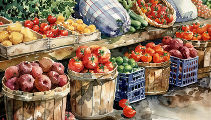 Wall Mural - A painting of a fruit stand with a variety of fruits including apples, oranges