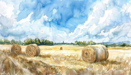 Wall Mural - A painting of hay bales with a blue sky in the background