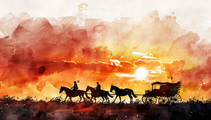 Wall Mural - Two horses pulling a wagon in a rural setting