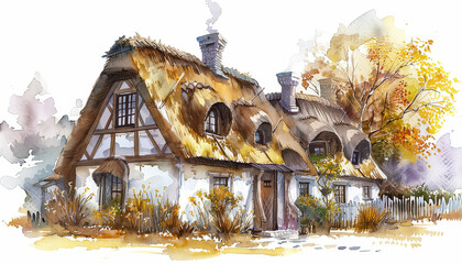 Wall Mural - A house with a thatched roof and a garden in front of it