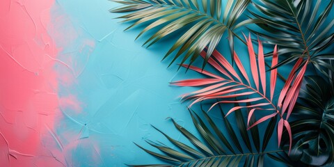 Wall Mural - Tropical leaves on pink background with modern design