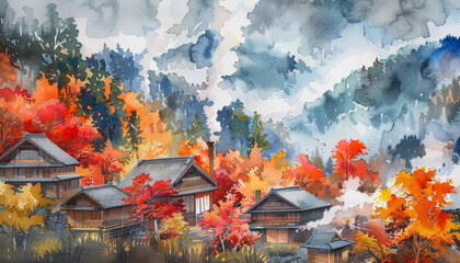 Wall Mural - A painting of a mountain with houses and trees in the foreground