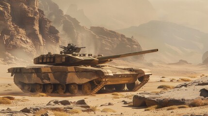 An Military tank M1 Abrams camouflaged in desert colors, blending seamlessly with the rocky terrain The tank lies in ambush