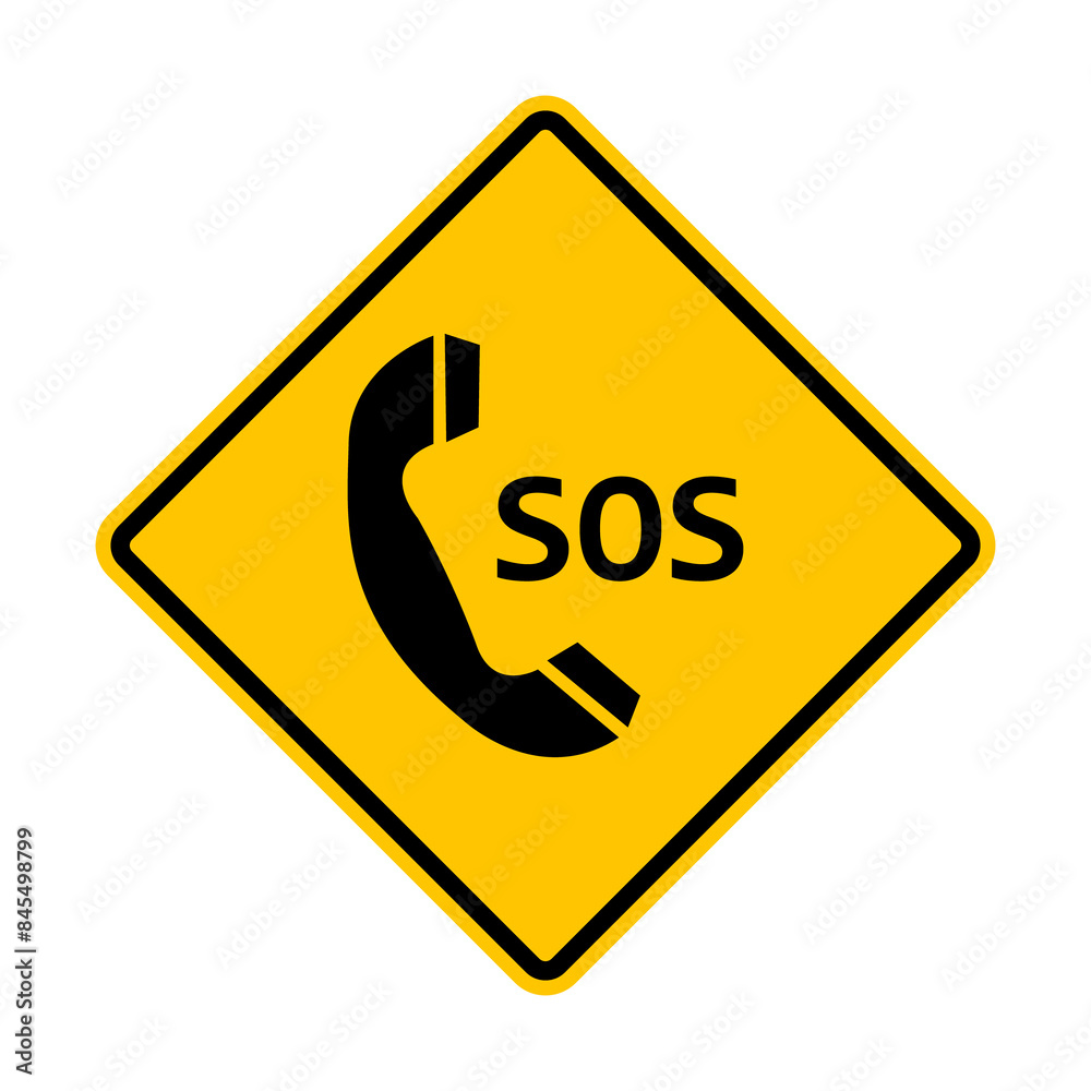SOS sign. SOS is an international distress signal. Warning yellow road sign about danger. Call the rescue service. Diamond road sign. Rhombus road sign.