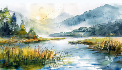 Wall Mural - A painting of a lake with a forest in the background