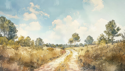Wall Mural - A painting of a forest path with trees and a sun shining through the leaves