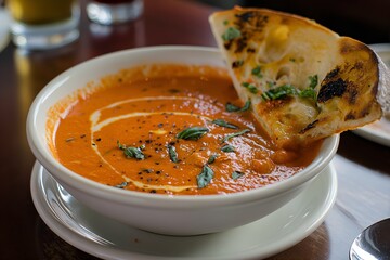 Wall Mural - Close-Up Delicious Bowl Of Creamy Tomato Basil Soup With A Side Of Garlic Bread In Food Restaurant Interior, Food Photography, Food Menu Style Photo Image