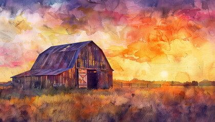 Wall Mural - A red barn with a white roof sits in a field