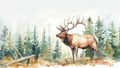 Wall Mural - A deer is standing in a forest with trees in the background