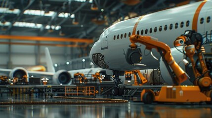 Wall Mural - Aircraft maintenance hangar implementing robotics for efficient repairs and inspections