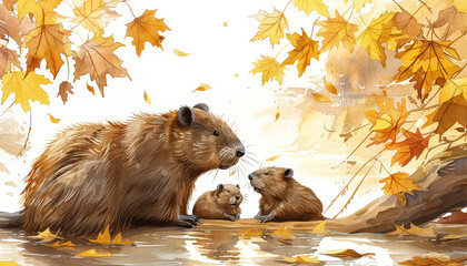 Wall Mural - Three beavers are in a river, eating leaves