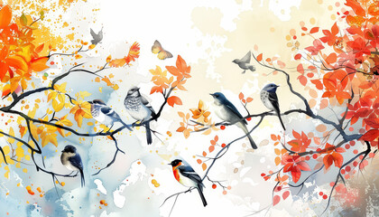 Wall Mural - A painting of a group of birds on a branch