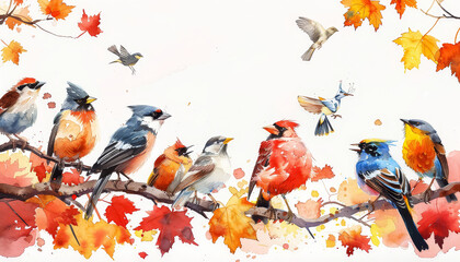 Wall Mural - A painting of a group of birds on a branch
