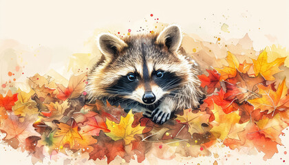 A raccoon is laying in a pile of autumn leaves