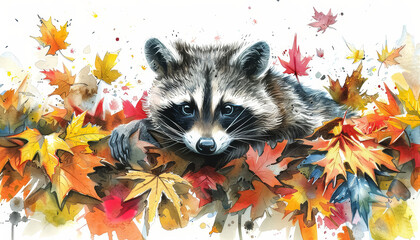 Wall Mural - A raccoon is laying in a pile of autumn leaves