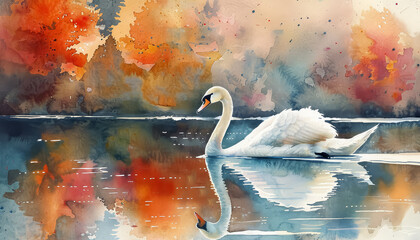 Wall Mural - A swan is swimming in a pond with orange leaves floating on the surface