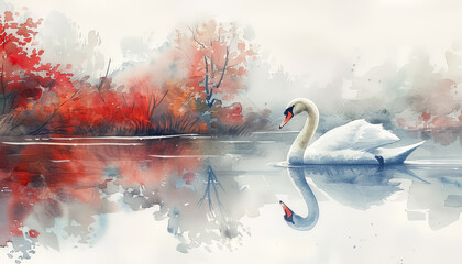 Wall Mural - A swan is swimming in a pond with orange leaves floating on the surface