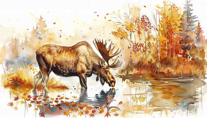 Wall Mural - A brown and white moose is standing in a pond