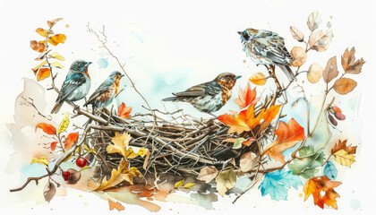 Wall Mural - A painting of four blue birds sitting on a nest