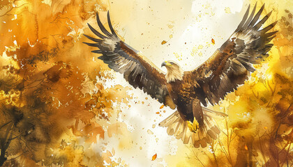 Wall Mural - A painting of a large eagle flying over a forest with trees in the background