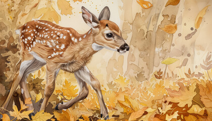 Wall Mural - A deer is walking through a forest with leaves on the ground