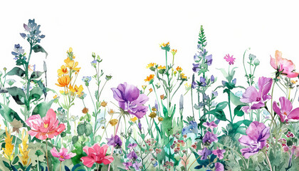 Wall Mural - A painting of a field of flowers with a variety of colors and types