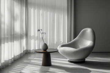 Poster - Minimalist lounge zone featuring a single armchair, a side table, and a floor-to-ceiling window,