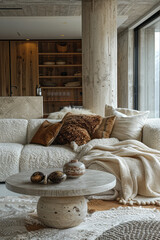 Leinwandbilder - Clean lounge area with a modular sofa, a round coffee table, and a soft throw blanket,