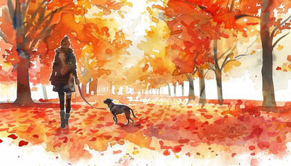 Wall Mural - A woman is walking her dog in a park with autumn leaves on the ground