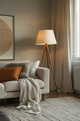 Poster - Simple and serene lounge area featuring a beige couch and a minimalist floor lamp,