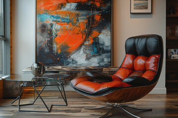 Poster - Elegant lounge zone with a black leather chair, a glass coffee table, and abstract wall art,