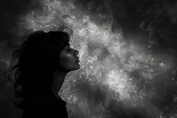 Poster - minimal silhouette of a woman with flowing hair against a simple, textured background,