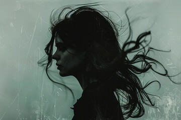 Poster - Minimal silhouette of a woman with flowing hair against a simple, textured background,