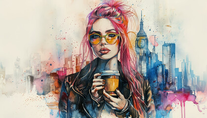 Wall Mural - A woman with red hair is holding a coffee cup in front of a city skyline