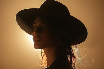 Poster - elegant silhouette of a woman in a hat on a muted beige background,