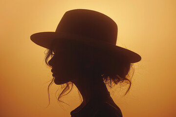 Poster - Elegant silhouette of a woman in a hat on a muted beige background,