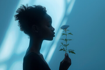 Aufkleber - Minimalist silhouette of a woman holding a flower on a light blue backdrop,