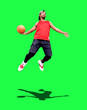 © STOCK PHOTO 4 U - Dynamic Basketball Player in Mid-Air Jump with Ball on Green Screen Background for Sports and Fitness Concepts