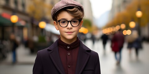 Wall Mural - A fashionable young boy in glasses and beret strikes a pose in the city. Concept Fashionable, Young Boy, Glasses, Beret, City