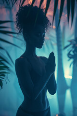 Poster - Silhouette of a woman in a yoga pose against a serene, blue gradient background,