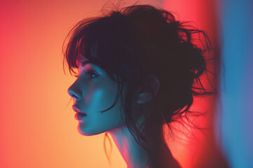 Poster - Minimal aesthetic silhouette of a woman against a pastel gradient background,