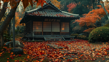 Wall Mural - A small house with a Japanese style roof sits in a yard full of fallen leaves
