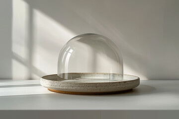 Fototapete - Minimal image of a plate with a small mirror under a cloche on a clean, light grey backdrop,