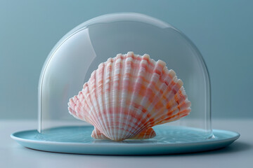Poster - Elegant image of a plate with a seashell under a glass dome on a minimalist blue background,