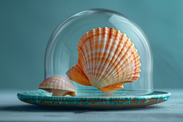 Poster - Elegant image of a plate with a seashell under a glass dome on a minimalist blue background,