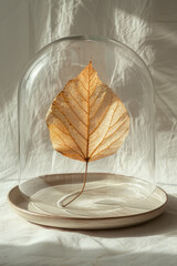 Poster - Minimal aesthetic image of a plate with a dried leaf under a cloche on a muted beige backdrop,