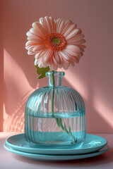 Poster - Minimal aesthetic image of a plate with a flower under a cloche on a pastel pink backdrop,